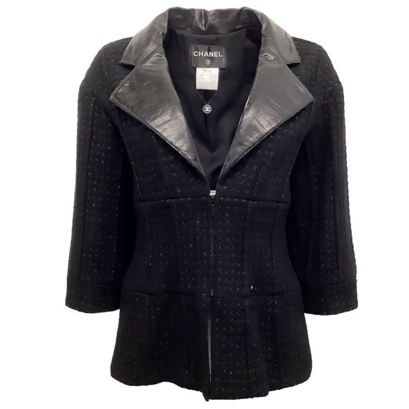 Chanel 2014 Supermarket Collection Black Boucle Jacket with Leather Collar - Picture 1 of 4